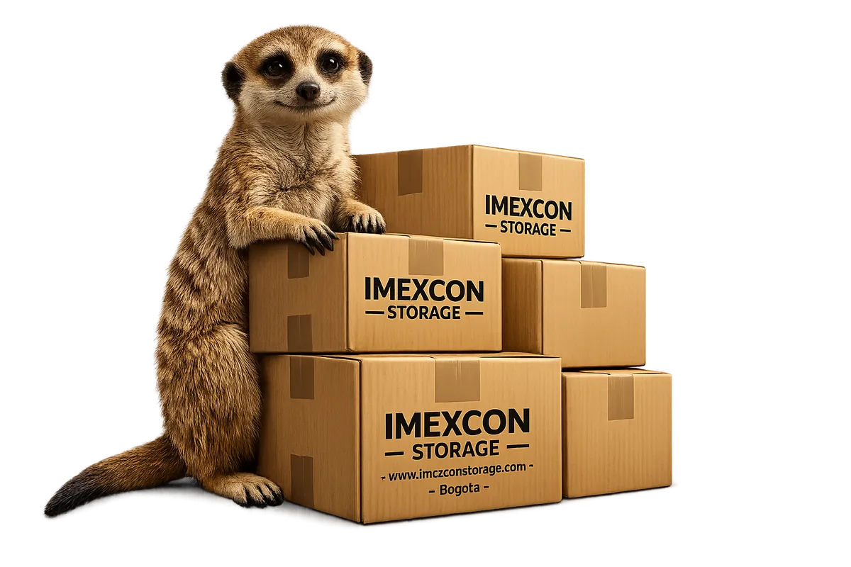 Suricato junto a cajas de almacenamiento de Imexcon Storage