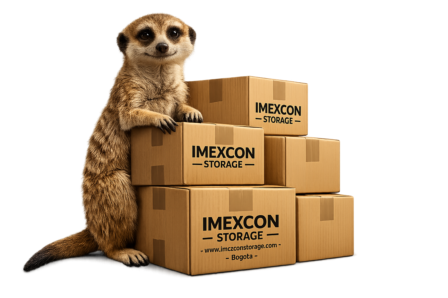 Suricato junto a cajas de almacenamiento de Imexcon Storage